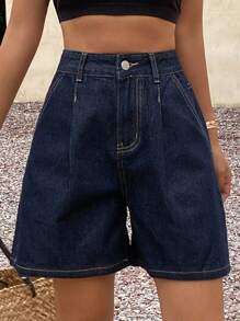 DAZY 女士夏季宽松休闲牛仔短裤 - 藍色 - 查看 3