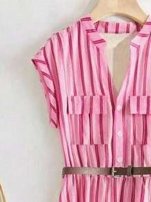 Franclia 女士休闲度假条纹V领工装口袋连衣裙夏季连衣裙粉玫瑰色大学风服装 - 玫紅色 - 查看 4