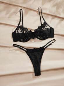 Charlaine Embroidery Sheer Mesh Underwire Lingerie Set - Black - View 4