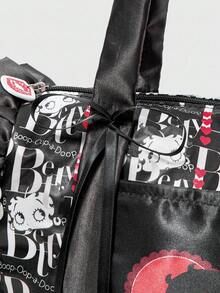 Betty Boop | ROMWE 女士缎面涤纶托特包，卡通图案单肩手提包，大容量通勤包