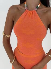 Aloruh 女士夏季度假海滩性感露背串珠花卉针织橙色吊带上衣 + 加长针织花卉图案短裙 2 件套秋冬性感女装 - 橘色 - 查看 4