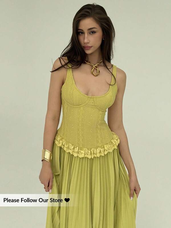 Aloruh Nuevo vestido vintage de corte ceñido con encaje de contraste en el borde, plisado, con escote pronunciado, color amarillo, que se ajusta a la figura, adecuado para vacaciones, citas y tomar el té