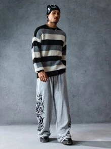 ROMWE MEN Street Life Men's Striped Crew Neck Drop Shoulder Casual Sweater