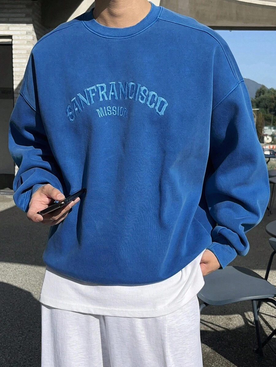 DAZY Men's Autumn Letter Embroidery Pullover Baggy Sweatshirt - Blue - View 1