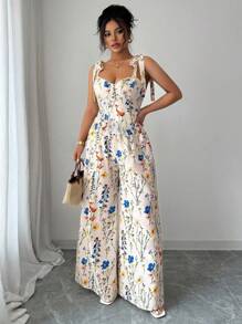 Elenzga 大码女式细肩带露背设计 + 腰部抽绳阔腿裤 2 件套 - 杏色 - 查看 4