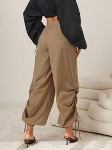 Vixey Casual Solid Color Drawstring Ankle Pants, Business Casual Woman, Office - Brown - View 5