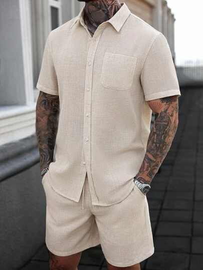 Manfinity CasualCool 男士单排扣亚麻短袖衬衫和短裤休闲两件套