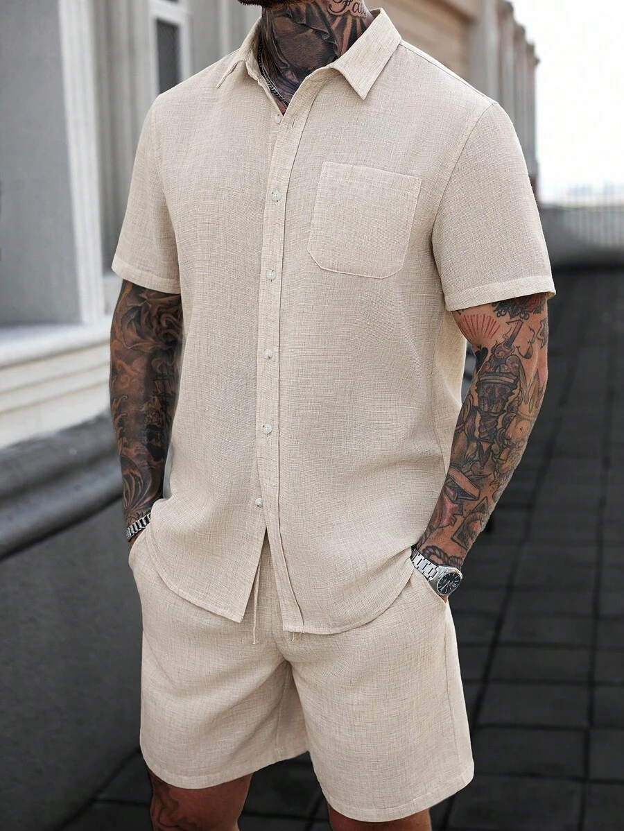 Manfinity CasualCool 男士单排扣亚麻短袖衬衫和短裤休闲两件套 - 杏色 - 查看 1