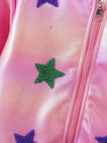 SHEIN Nouvelle veste zippée pour jeune fille pour l'automne/l'hiver, veste de baseball avec broderie 3D vibrante en forme d'étoile à cinq branches sur une serviette, tissu réfléchissant pour un look de rue , nouvelle arrivée pour l'hiver