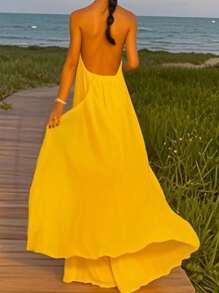 INAWLY Plus Size Women's Fashion Casual Elegant Romantic Solid Color Maxi Dress, Suitable For Vacation - Yellow - View 4