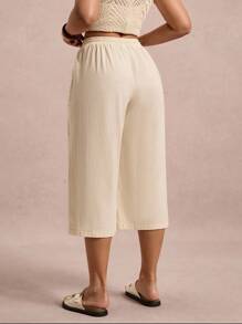 SHEIN VCAY Plus Size Women Contrast Lace Drawstring Waist Wide Leg Capri Pants