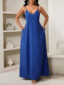 SHEIN Lady 2025 新款蓝色女士波西米亚风露背女士宽松长裙女士连衣裙宽松露肩生日和活动礼服/节日礼服度假服装女士波西米亚风/波西米亚风女装吊带上衣非洲女装女士连衣裙夏季热带女士连衣裙新品女士连衣裙沙滩裙复活节连衣裙/复活节女士连衣裙/复活节女士服装 - 寶藍色 - 查看 4