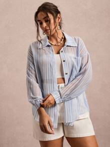 SHEIN VCAY Plus Size Women's Drop Shoulder Long Sleeve Striped Shirt,Blue And White,Summer,Smart Casual,Vacation,Holiday Single-Breasted Pocket Button Up Tops - Blue and White - View 1