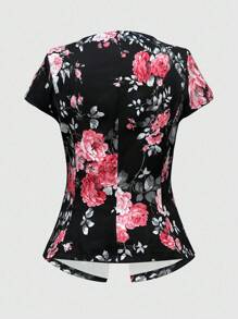 Sweetra Plus Size Button Pocket Covered Collar Short Sleeve Shirt - Multicolor - View 2