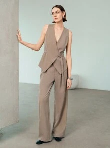 Uhlyne 女士秋季简约休闲通勤日常金属扣裹身背心和裤子商务休闲两件套 - 灰色 - 查看 7