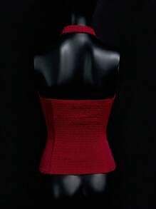 SHEIN ICON 女式纯色拉链挂脖系带绒面革背心红色束身衣上衣红色上衣女式束身衣上衣女式系带束身衣上衣红色上衣秋季女式服装婚礼宾客礼服女式 - 棕色 - 查看 2