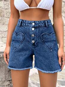 EURMUSE 100%Cotton HEART POCKET DETAIL HIGH WAIST SHORT - Medium Wash - View 3