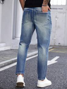 Manfinity LEGND Plus Size Men's Street Fashion Casual Patchwork Ripped Straight Slim Fit Blue Jeans - Medium Wash - View 2