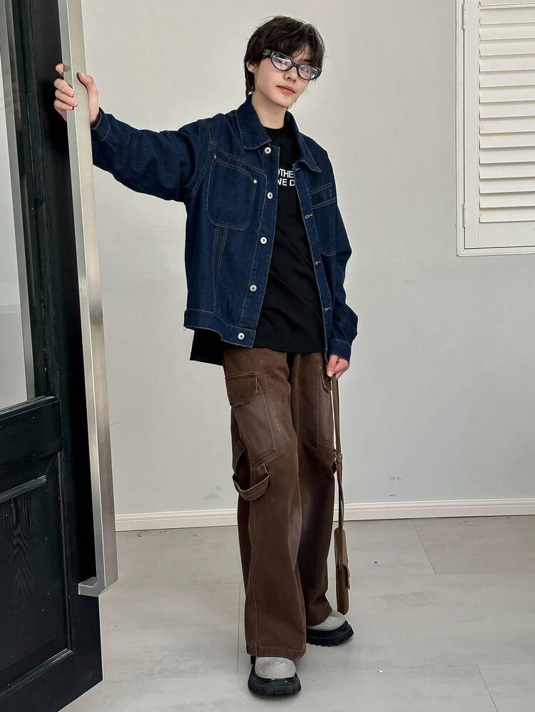 Men's Solid Color Denim Jacket, Autumn,Back To School Clothes