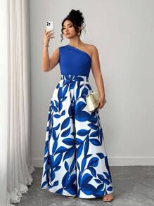 Elenzga Bộ đồ liền thân ống rộng không tay in họa tiết cây cảnh cỡ lớn dành cho nữ - Nhiều màu - Xem 6