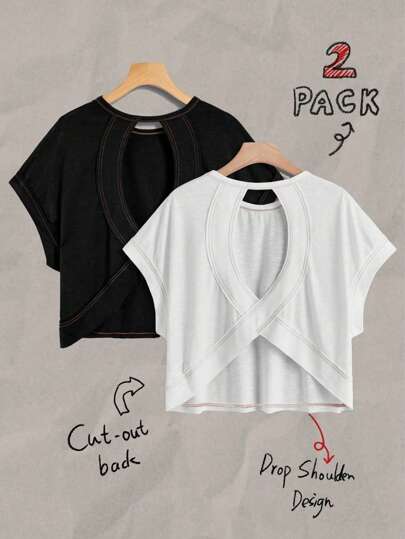 Tseoso Set de 2 camisetas de mujer de estilo casual con cuello redondo, espalda descubierta y mangas tipo murciélago, de estilo vintage y retro, adecuado para vacaciones de verano, sexy, lindo, estilo Y2K coconutgirl, bohemio, para festivales de música