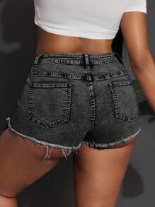 Slaydiva Shorts de mezclilla azules ajustados, elásticos y desgastados, sexy para mujer - Gris Oscuro - Ver 2