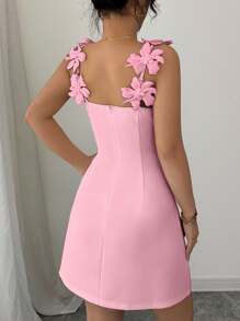 Elenzga Đầm ngắn màu trơn đơn giản thiết kế dây hoa 3D thanh lịch cho nữ, thắt eo, tối giản, đa năng dành cho quý cô, mùa xuân/hè - Hồng - Xem 2
