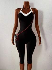 BamGleam 女式撞色露背吊带连体裤 - 黑與白 - 查看 7