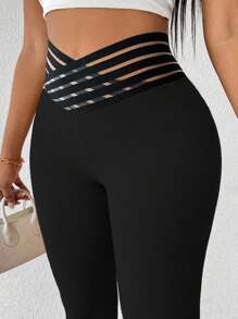 SHEIN Clasi Women's Solid Color Skinny Casual Pants With Criss-Cross Straps - Black - View 6