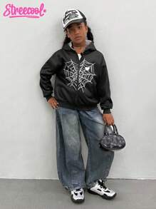 Tween Girls Spider Web & Heart Print Zip-Up Hoodie Sweatshirt - Black - View 5