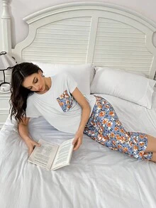 SHEIN 撞色口袋花卉印花短袖和七分裤套装 - 彩色 - 查看 4