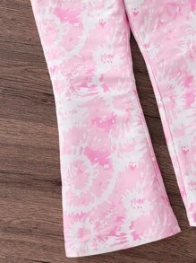 2 件套年轻女孩可爱图案上衣和长喇叭裤套装，鲜艳的扎染面料，休闲日常穿着 - 粉色 - 查看 6