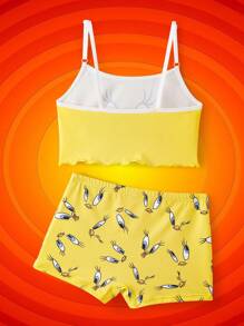 LOONEY TUNES X SHEIN 3pcs Tween Girl Yellow Cute Cartoon Tweety Print Cami Top & Shorts Lingerie Undershirt Set , Kawaii,Cute,Sweet - Yellow - View 2