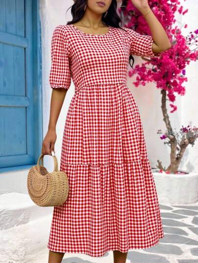 INAWLY Plus Size Plaid Print Casual Vacation Dress