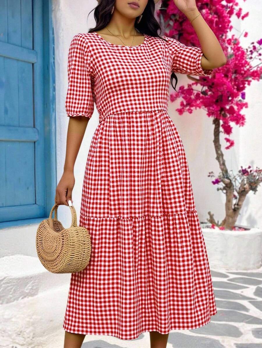 INAWLY 大码格子印花休闲度假连衣裙 - 紅色 - 查看 1