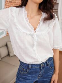 INAWLY 女士蕾丝边拼接甜美度假休闲短袖衬衫夏季 - 白色 - 查看 6