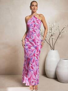 L'Amorae Elegant Floral Print Chiffon Halter Maxi Dress With Low Drape Cowl Back - Multicolor - View 2