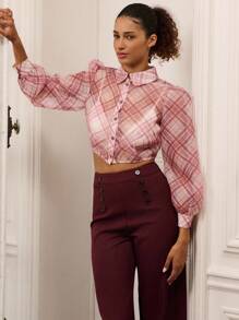 lacRébo 复古风透明格纹泡泡袖衬衫 返校节上衣 秋季女装 返校节上衣 外出上衣 秋冬