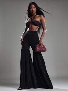 NYA SZN Pantalon taille haute à volants, jambe ajustée, moulant, pour vacances, plage, festival bohème, concert, en tricot extensible, sexy, froncé, élastique, pour club, usage quotidien, décontracté, rentrée scolaire, tenues noires pour femmes - Noir - Voir 1