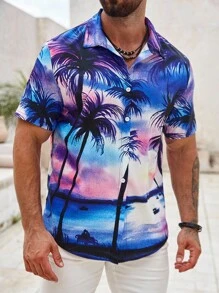 Manfinity Dauomo Men's Palm Tree Printed Short Sleeve Shirt - Purple - View 4
