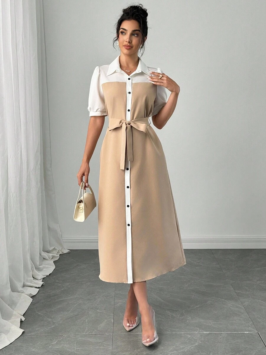Elenzga 女士优雅度假通勤领结撞色衬衫领中长连衣裙 - 卡其色 - 查看 1