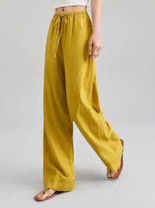 Ontre 2025 New Styles For Women Fall Women's Clothing Seasonal Clothing Fall Clothing Fall Back To School School Clothing 2000s Style Women's Country Clothing Old Money Style Women's Office Clothing Business Casual Women's Clothing Dating Outing Airport Party Clothing Solid Color Casual Daily Drawstring Loose Leg Trousers Low-Key And Durable Basic Style, All-Match And Suitable For Everyone, Street Fashion Wear, Coffee Shop Wear, Relaxed Wear All-Season - Yellow - View 5