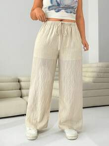 SHEIN Celana Panjang Kasual Ukuran Besar Warna Polos dengan Tali Serut, Potongan Lurus, Celana Linen Potongan Lebar, Celana Panjang Linen Wanita, Celana Linen Wanita, Celana Potongan Lebar Wanita - Aprikot - View 3