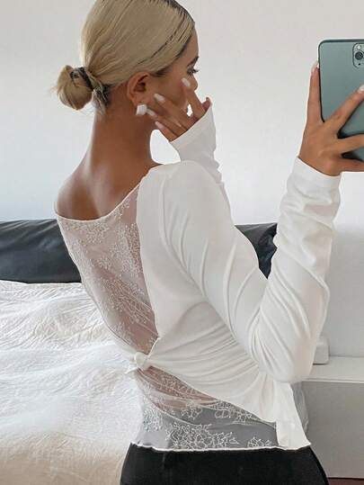 DAZY Maglietta elegante a maniche lunghe da donna, a tinta unita con pizzo a contrasto, slim fit, bianca, adatta per l'autunno/inverno