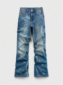 ROMWE MEN Street Life Plus Size Men's Loose Fit Rhinestone Flame Pattern Pocket Decoration Wide Leg Jeans - Baby Blue - View 1