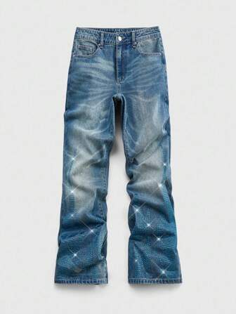 Street Life Jeans à jambes larges de grande taille pour hommes à coupe ample avec poche décorée de strass et motif flamme