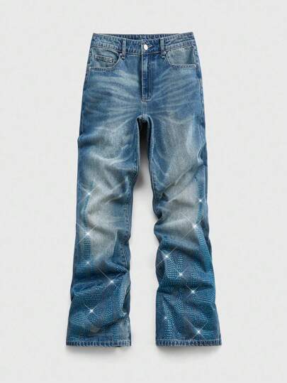 Street Life Jeans à jambes larges de grande taille pour hommes à coupe ample avec poche décorée de strass et motif flamme