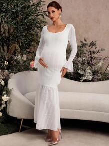MaterniChic Maternity White Dress Autumn And Winter Pregnant Women's Square Neck Flare Sleeve Fishtail Hem Lace Fitted Elegant Dress - Apricot - View 1