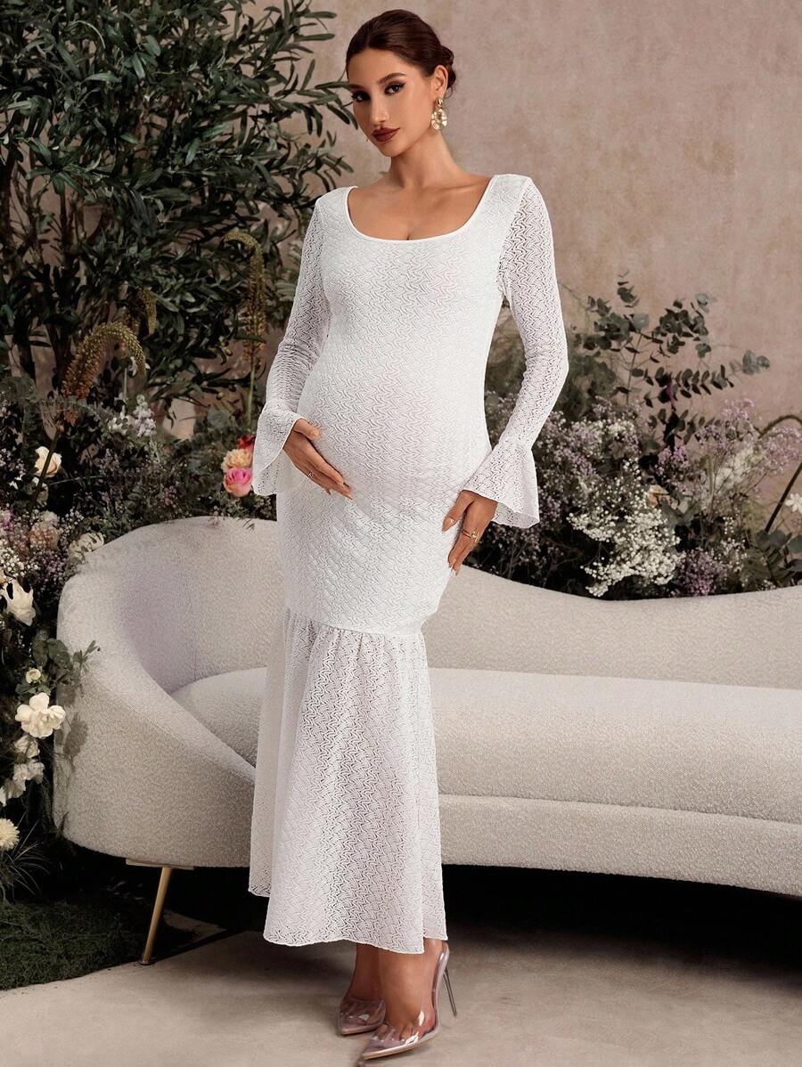 MaterniChic Maternity White Dress Autumn And Winter Pregnant Women's Square Neck Flare Sleeve Fishtail Hem Lace Fitted Elegant Dress - Apricot - View 1