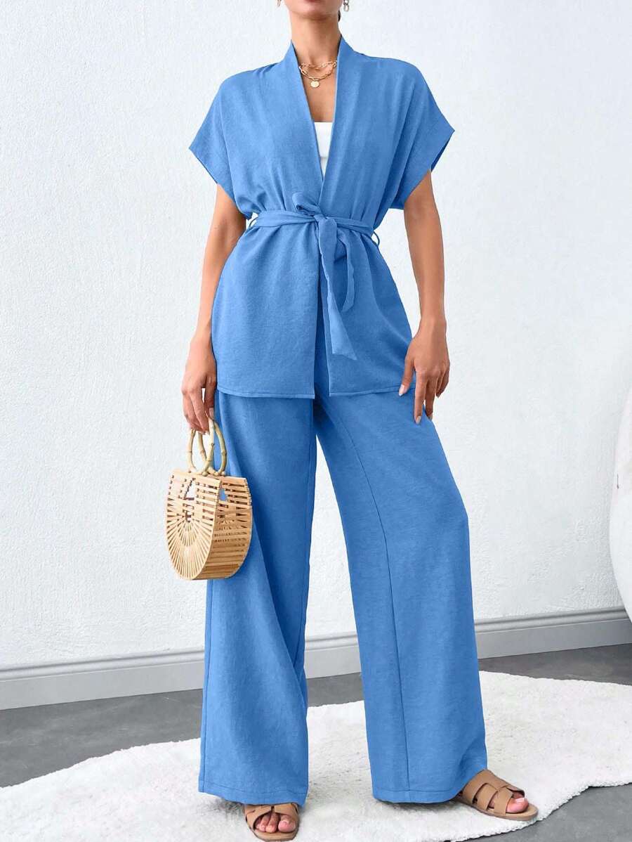 SHEIN Tall 纯色无袖休闲夏季高腰女士两件套(配腰带) - 淺藍色 - 查看 1